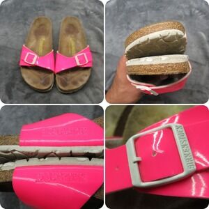 Birkenstock Sandals Women 7 Arizona Hot Pink Leather Slides Glossy Classic Cork